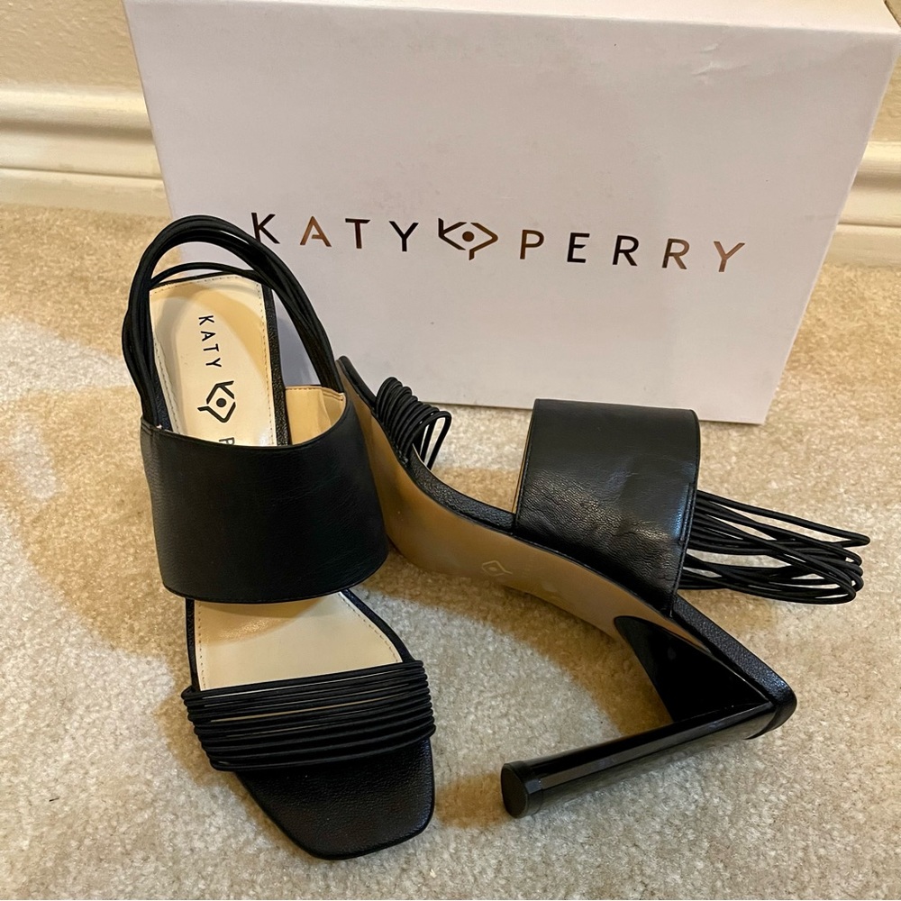 Katy Perry Black Solid Leather The Corry Strappy Stretchy Dress Heel Sandal 8